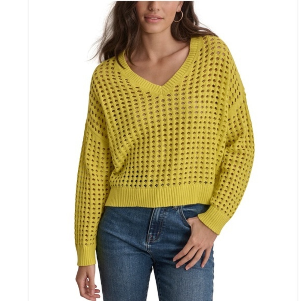 💛NWT-DKNY Jeans Women's Yellow V-Neck Open-Stitch Cotton Sweater-SzM/Sold Out💛